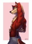  anthro canine claws clothed clothing countershade_torso countershading dog fur hand_behind_head kahito_slydeft_(artist) looking_at_viewer male mammal muscular muscular_male orange_eyes pants red_fur smile solo topless 