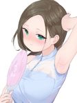  3: arm_up armpits blouse blue_blouse blush brown_hair closed_mouth fan forehead green_eyes hand_up long_hair looking_at_viewer original paper_fan simple_background sleeveless sleeveless_blouse solo stain sweat uchiwa upper_body ushinomiya white_background 