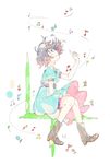  beamed_eighth_notes black_hair blue_dress boots breasts dated dress eighth_note flower full_body green_eyes highres huwahuwa_youmou index_finger_raised looking_up musical_note no_hat no_headwear quarter_note shiina_mayuri short_hair simple_background sitting small_breasts smile solo star star_print steins;gate traditional_media white_background wind 
