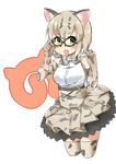  :o adjusting_eyewear animal_ears animal_print bare_shoulders black-framed_eyewear blonde_hair bow bowtie cat_ears commentary cropped_legs elbow_gloves fang glasses gloves green_eyes highres japari_symbol kemono_friends looking_at_viewer margay_(kemono_friends) open_mouth sekira_ame short_hair simple_background sleeveless solo v-shaped_eyebrows white_background 