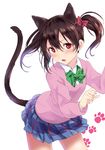  animal_ears bangs black_hair blush bow bowtie cardigan cat_ears cat_tail commentary_request cover cover_page cowboy_shot doujin_cover fang green_bow green_neckwear hair_between_eyes hair_bow kemonomimi_mode leaning_forward love_live! love_live!_school_idol_project miniskirt open_mouth paw_pose paw_print pink_sweater plaid plaid_skirt pleated_skirt red_bow red_eyes sen'yuu_yuuji skirt solo striped striped_bow striped_neckwear sweater tail twintails yazawa_nico 