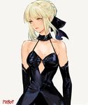  artoria_pendragon_(all) bangs bare_shoulders black_bow black_choker black_dress black_ribbon blonde_hair bow braid breasts choker cleavage closed_mouth dated dress elbow_gloves eyebrows_visible_through_hair fate/stay_night fate_(series) french_braid gloves hair_bow hair_ribbon lips looking_away medium_breasts pink_lips ribbon saber_alter short_hair sidelocks simple_background sleeveless sleeveless_dress solo standing takssmask upper_body white_background yellow_eyes 