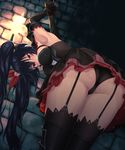  1girl angry armpits ass bare_shoulders bent_over black_hair black_legwear black_panties blush bound bound_wrists breasts cameltoe choujigen_game_neptune clenched_teeth dungeon elbow_gloves female four_goddesses_online:_cyber_dimension_neptune from_behind garter_straps gloves hair_ornament highres long_hair neptune_(series) noire oekakizuki panties red_eyes skirt solo teeth thighhighs torch twintails underwear 