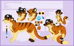  blue_nose ear_piercing english_text eyewear feline fur glasses kitchiki male mammal model_sheet orange_fur paws piercing saber-toothed_cat smile striped_fur stripes tan_fur text 