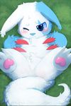  blue_eyes blue_fur blush featureless_crotch fur kake0078 nintendo one_eye_closed pawpads pok&eacute;mon solo tears video_games white_fur zangoose 