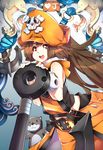  &gt;_o anchor animal belt_buckle brown_hair buckle fingerless_gloves flat_chest gloves guilty_gear guilty_gear_xrd hat huge_weapon long_hair makai may_(guilty_gear) one_eye_closed open_mouth orange_hat orange_shirt otter pantyhose pirate pirate_hat red_eyes shirt skull_and_crossbones solo thumbs_up weapon 