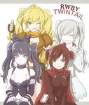  alternate_hairstyle black_hair blake_belladonna blonde_hair breasts brown_hair cleavage closed_eyes english kaogei_moai matching_hairstyle multiple_girls one_eye_closed ruby_rose rwby smile twintails weiss_schnee white_hair yang_xiao_long 