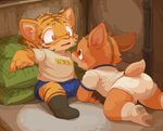  all_fours anthro brown_stripes canine clothing crying cub dog duo eye_contact feline fur legwear male mammal moketiw orange_fur shorts sitting socks striped_fur stripes swear sweat tears tiger young 