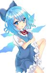  blue_bow blue_dress blue_eyes blue_hair bow breast_hold breasts cirno commentary crossed_arms dress eyebrows_visible_through_hair highres lips looking_at_viewer negiko open_mouth parted_lips red_ribbon ribbon short_hair solo touhou 