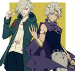  amakusa_shirou_(fate) cape cosplay creator_connection danganronpa dark_skin dark_skinned_male edmond_dantes_(fate/grand_order) fang fate/apocrypha fate/grand_order fate_(series) hair_over_one_eye highres hood jewelry komaeda_nagito komaeda_nagito_(cosplay) look-alike looking_at_another looking_at_viewer male_focus multiple_boys ponytail shirt silver_eyes simple_background smile super_danganronpa_2 syubare yami_marik yami_marik_(cosplay) yellow_eyes yuu-gi-ou 
