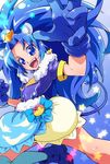  animal_ears asymmetrical_legwear blue blue_choker blue_eyes blue_gloves blue_hair blue_jacket blue_legwear choker commentary_request cure_gelato earrings extra_ears fang gloves highres jacket jewelry kirakira_precure_a_la_mode lion_ears lion_tail long_hair looking_at_viewer magical_girl open_mouth precure ryuuta_(cure_ryuuta) shiny shiny_skin short_sleeves smile solo star tail tategami_aoi 