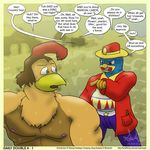  anthro anthrofied avian beak bird border chanticleer chicken clothed clothing crossover dialogue duo english_text frown fully_clothed king_dedede kirby_(series) looking_back male muscular nintendo nipples pecs penguin pointing rock-a-doodle slightly_chubby speech_bubble star_ringer text topless video_games 