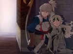  1girl armor bow_(weapon) cape commentary_request female_my_unit_(fire_emblem_if) fire_emblem fire_emblem_if headband hiding holding holding_weapon long_hair makibao my_unit_(fire_emblem_if) pointy_ears ponytail red_eyes silver_hair takumi_(fire_emblem_if) wall weapon 