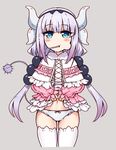  beads blue_eyes blush capelet cheek_bulge cowboy_shot cropped_legs dragon_girl dragon_horns dragon_tail eating food fur_trim grey_background hair_beads hair_ornament hairband highres horns kanna_kamui kobayashi-san_chi_no_maidragon lifted_by_self long_sleeves navel panties popsicle raiou simple_background skindentation skirt skirt_lift solo standing tail thighhighs underwear white_legwear white_panties 