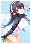  :d arched_back bangs black_hair blush boots breasts brown_eyes character_name commentary_request dated eyebrows_visible_through_hair gentoo_penguin_(kemono_friends) group_name hair_between_eyes hand_up headphones hood hoodie kemono_friends knee_boots large_breasts legs_together long_hair looking_at_viewer miniskirt nishimura_eri open_mouth polka_dot polka_dot_background signature skirt smile solo speech_bubble thighs twitter_username very_long_hair white_skirt yellow_footwear 