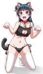  :d animal_ears bangs bell bell_collar black_bra black_panties blue_hair blush bra breasts cat_cutout cat_ear_panties cat_ears cat_lingerie cat_tail cleavage cleavage_cutout collar commentary_request frilled_bra frills hair_bell hair_ornament highres jingle_bell kneeling long_hair love_live! love_live!_sunshine!! medium_breasts meme_attire midriff navel no_shoes open_mouth panties paw_pose purple_eyes side-tie_panties side_bun smile solo tail thighhighs tsushima_yoshiko underwear white_background white_legwear yopparai_oni 