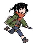  1girl :d black_hair blush casual eyes_closed eyewear_on_head full_body jacket kantai_collection long_sleeves one_side_up open_mouth pants running scarf sendai_(kantai_collection) simple_background smile solo sunglasses terrajin torpedo white_background 