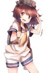  absurdres backpack bag brown_eyes brown_hair cowboy_shot highres kantai_collection ranf sailor_collar salute short_hair shorts smile solo teeth yukikaze_(kantai_collection) 