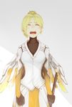  a_pu_(a_pu_pu) arms_at_sides bodysuit breasts clenched_hand closed_eyes cowboy_shot crying facing_viewer grey_background high_ponytail highres holding holding_staff mechanical_halo mechanical_wings medium_breasts mercy_(overwatch) open_mouth overwatch pelvic_curtain simple_background sketch solo staff tears white_background wings yellow_wings 