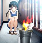  black_hair book braid bucket burning highres momohara_natsuki one_room overalls pornography pout purple_eyes screencap squatting stitched third-party_edit twin_braids 