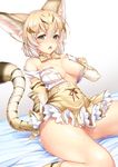  animal_ears animal_print blonde_hair blush bow bowtie breasts cat_ears commentary_request elbow_gloves eyebrows_visible_through_hair gloves kemono_friends kuru2pantu large_breasts multicolored_hair nipple_slip nipples open_mouth sand_cat_(kemono_friends) short_hair skirt socks solo sweat tail two-tone_hair 