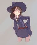  ashy@ belt brown_hair cropped_legs hands_on_hips hat kagari_atsuko little_witch_academia long_hair looking_at_viewer loose_belt neck_ribbon red_eyes ribbon simple_background skirt smile solo witch witch_hat 