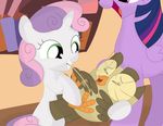  aloysius_(mlp) avian bird book feathers feet friendship_is_magic green_eyes hair horn laugh multicolored_hair my_little_pony owl porygon2z sweetie_belle_(mlp) tickling twilight_sparkle_(mlp) 