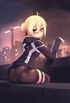  absurdres ahoge artoria_pendragon_(all) ass back-seamed_legwear bike_shorts blonde_hair fate/grand_order fate_(series) glasses highres hood hoodie looking_at_viewer looking_back mysterious_heroine_x_(alter) pantylines seamed_legwear short_hair skin_tight solo sub-res thighhighs 