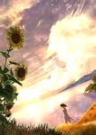  bug cloud cloudy_sky commentary_request dragonfly dress flower grass highres insect kun52 lens_flare original scenery short_hair sky solo sparkle sunflower water 