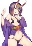  :d ass_visible_through_thighs blush breasts brown_eyes commentary_request fangs fate/grand_order fate_(series) hair_ornament highres horns japanese_clothes kimono looking_at_viewer navel obi oni oni_horns open_mouth purple_hair sash short_hair shuten_douji_(fate/grand_order) simple_background small_breasts smile solo suteba_(grzjkbhgf) teeth white_background 