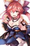  absurdres animal_ears breasts cleavage double_v fang fate/extra fate_(series) highres large_breasts long_hair one_eye_closed open_mouth pink_eyes pink_hair ranf smile solo tail tamamo_(fate)_(all) tamamo_no_mae_(fate) thighhighs v 