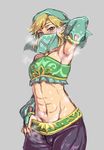  abs alternate_costume armpits blue_eyes blush breath bulge cowboy_shot crossdressing detached_sleeves gerudo_link grey_background koshii_tai link looking_at_viewer male_focus navel otoko_no_ko pointy_ears shiny shiny_skin simple_background solo steam steaming_body stomach the_legend_of_zelda the_legend_of_zelda:_breath_of_the_wild toned toned_male veil 