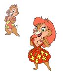  2016 anthro bottomless breasts cheek_tuft chest_tuft chipmunk clothed clothing crossgender exposed_breasts female green_eyes hair hamsy hawaiian_shirt hi_res long_hair looking_at_viewer male mammal nipples open_mouth open_shirt open_smile red_hair rodent shirt simple_background skirt smile solo tuft white_background 