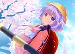  ardbf backpack bag bag_charm blue_sky blurry capelet charm_(object) cherry_blossoms cloud day depth_of_field hair_bobbles hair_ornament hat kanna_kamui kobayashi-san_chi_no_maidragon lavender_eyes lavender_hair long_hair looking_at_viewer low_twintails petals randoseru school_hat sky solo tree twintails wind 