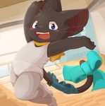  anthro ballet black_fur blue_eyes blush bulge cub dancing fur male moketiw on_one_leg open_mouth ribbons scarf shota smile solo standing tail_bow tail_ribbon whiskers window young 