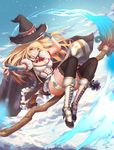  bad_id bad_pixiv_id beckoning black_legwear blonde_hair boots breasts broom broom_riding cape cloud cloudy_sky commentary_request day garter_belt gem gloves h2o_(dfo) hand_on_headwear hand_up hat hat_belt hat_tug high_heels highres long_hair magic medium_breasts original outstretched_arm partly_fingerless_gloves puffy_sleeves sidesaddle sky solo thighhighs witch witch_hat yellow_eyes 