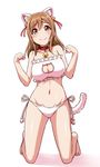  animal_ears bangs barefoot bell bell_collar blush bra breasts brown_eyes brown_hair cat_cutout cat_ear_panties cat_ears cat_lingerie cat_tail cleavage cleavage_cutout collar commentary_request frilled_bra frills hair_bell hair_ornament highres jingle_bell kneeling kunikida_hanamaru large_breasts long_hair looking_at_viewer love_live! love_live!_sunshine!! meme_attire midriff navel panties paw_pose side-tie_panties smile solo tail underwear yopparai_oni 