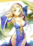  armpits arms_up blonde_hair blue_eyes blush breasts cleavage detached_sleeves dress feathered_wings green_wings hair_tubes highres jewelry kakiman large_breasts long_hair looking_at_viewer no_panties original pointy_ears side_slit single_earring smile solo wings 