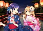  ahoge black_eyes black_hair brown_eyes brown_hair collarbone commentary_request cotton_candy hair_ornament highres holding japanese_clothes kimono lampion long_hair mask mask_on_head multiple_girls night night_sky original shaved_ice side_ponytail sky summer_festival yukata yuusa 