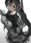  bangs black_hair breasts brown_eyes closed_mouth eyebrows_visible_through_hair gentoo_penguin_(kemono_friends) gradient gradient_background grey_background grey_skirt hair_between_eyes hands_up headphones hood hoodie kemono_friends large_breasts long_hair looking_at_viewer ph. pleated_skirt skirt smile solo upper_body 