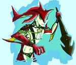  anthro aquaticas breath_of_the_wild clothed clothing digital_media_(artwork) fish holding_object holding_weapon looking_at_viewer male marine melee_weapon nintendo shark sidon_(zelda) simple_background solo the_legend_of_zelda topless video_games weapon zora 