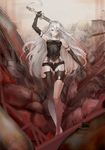  bare_shoulders black_gloves blue_eyes breasts elbow_gloves gloves highres holding holding_sword holding_weapon long_hair mins_(minevi) nier_(series) nier_automata silver_hair small_breasts solo sword weapon yorha_type_a_no._2 