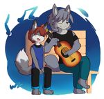  canine cute dog duo fox guitar husky kouya_(morenatsu) male mammal morenatsu music musical_instrument romantic_couple simple_background singing sirus sitting whiteleo 