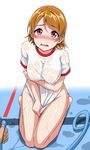  areolae barefoot blush breast_hold breasts brown_hair commentary_request groin gym_shirt hose koizumi_hanayo large_breasts looking_at_viewer love_live! love_live!_school_idol_project naked_shirt nose_blush open_mouth pov pov_hands puddle purple_eyes see-through shirt shirt_tug short_hair short_sleeves sitting solo_focus tears thighs wet wet_clothes wet_shirt yopparai_oni 