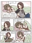  bed blanket blush brown_hair colorized comic commentary drooling flying_sweatdrops hair_ornament hairclip m_k multiple_girls open_mouth original pillow saliva short_hair translated yuri 