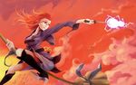  belt boots breasts broom broom_riding cape cleavage cloud energy_ball glasses highres hood hood_down little_witch_academia long_hair lv_11 medium_breasts red_eyes red_hair shiny_chariot skirt sky solo spell spoilers twilight ursula_charistes wand witch 