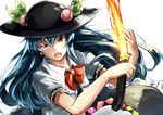  :o blue_hair bow bowtie deetamu flaming_sword food frills fruit hair_between_eyes hat hinanawi_tenshi holding holding_sword holding_weapon leaf long_hair looking_at_viewer open_mouth orange_eyes peach puffy_short_sleeves puffy_sleeves red_bow short_sleeves simple_background solo sword sword_of_hisou touhou upper_body v-shaped_eyebrows weapon white_background 