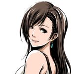  bare_shoulders brown_eyes brown_hair earrings final_fantasy final_fantasy_vii from_side head_tilt jewelry kuzumin lipgloss lips long_hair looking_at_viewer neck simple_background sleeveless smile solo suspenders tifa_lockhart upper_body white_background 
