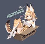  animal_ears animal_print artist_name bare_shoulders blonde_hair boots bow bowtie box cardboard_box copyright_name gloves in_box in_container kemono_friends leopard_print paw_pose rednian serval_(kemono_friends) serval_ears serval_tail signature smile tail thighhighs yellow_eyes 
