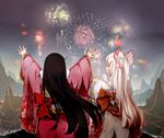  absurdres aerial_fireworks anger_vein annoyed arms_up bad_id bad_pixiv_id black_hair bow closed_eyes commentary_request fireworks floral_print from_behind fujiwara_no_mokou hair_bow highres houraisan_chouko houraisan_kaguya japanese_clothes long_hair mountain multiple_girls obi red_bow sash sky touhou white_bow white_hair wide_sleeves 